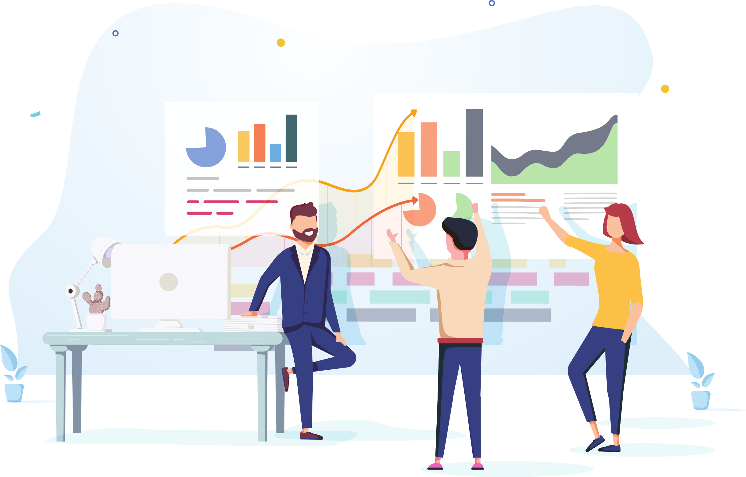 Team using data visualizations to analyze charts and statistics